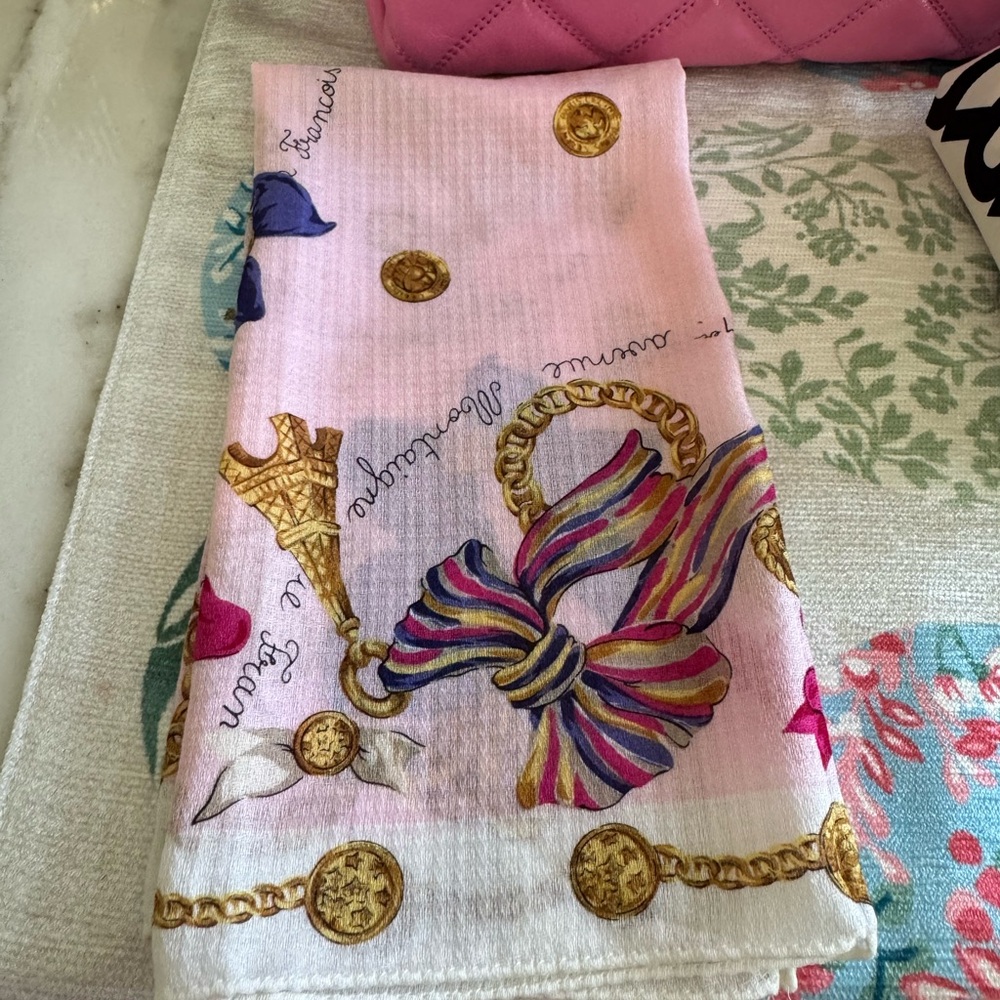 Authentic CELINE Pink Scarf with Gold and Multicolor Design